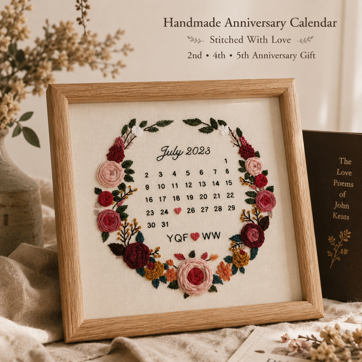 Personalized Embroidered Anniversary Calendar Frame – Handmade Floral Keepsake Gift, styled product scene with...