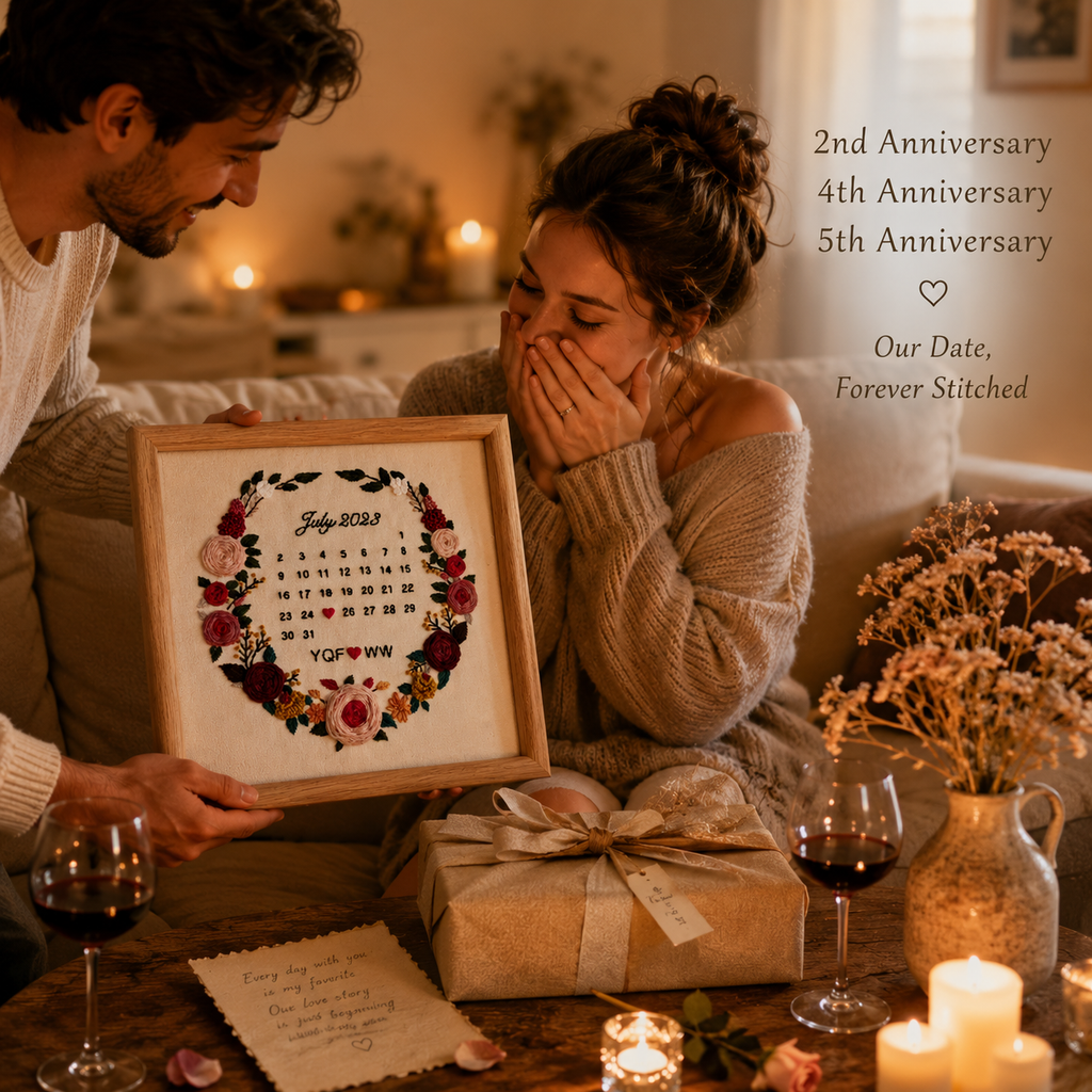 Personalized Embroidered Anniversary Calendar Frame – Handmade Floral Keepsake Gift, lifestyle scene showing everyday use
