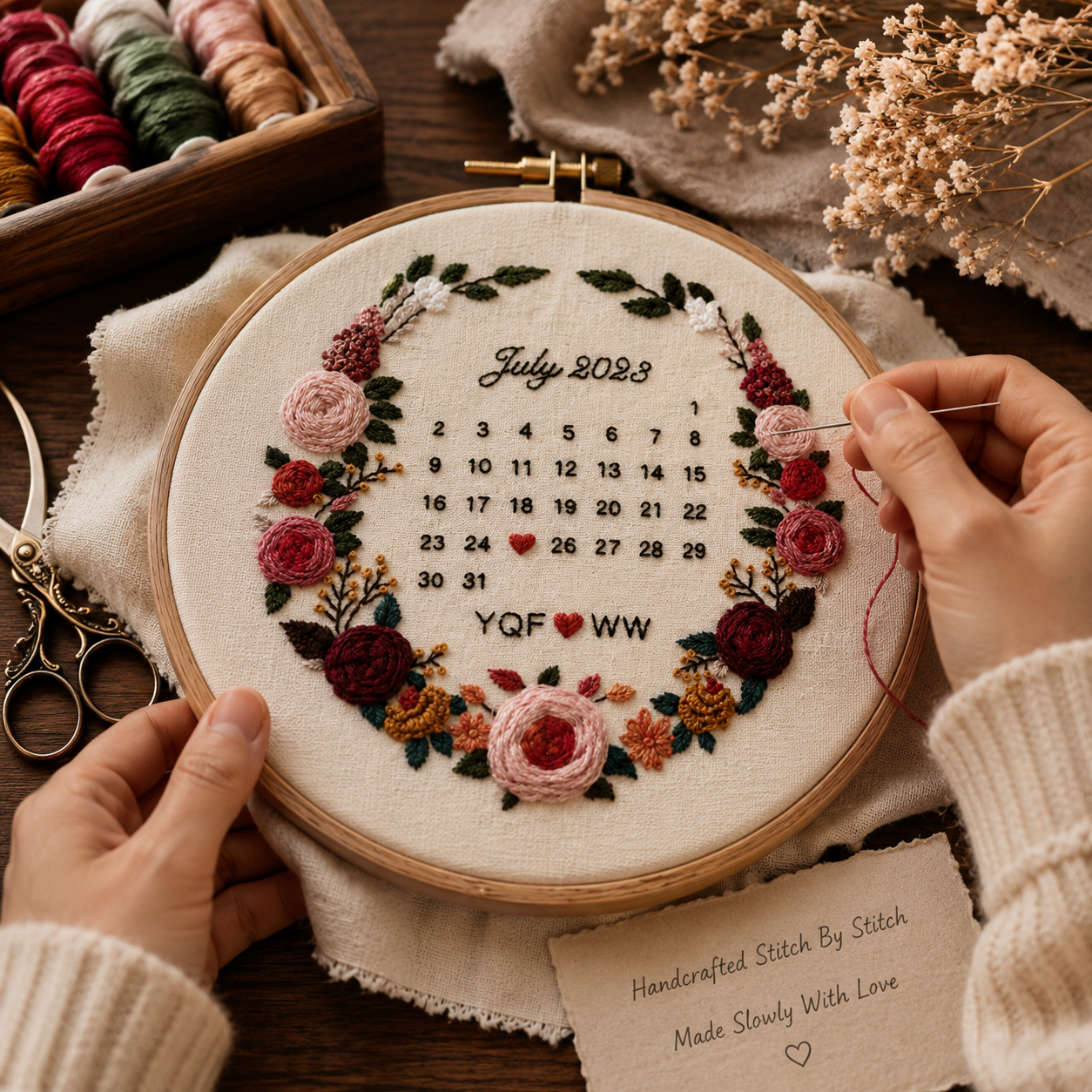 Personalized Embroidered Anniversary Calendar Frame – Handmade Floral Keepsake Gift, artisan working on the piece by hand