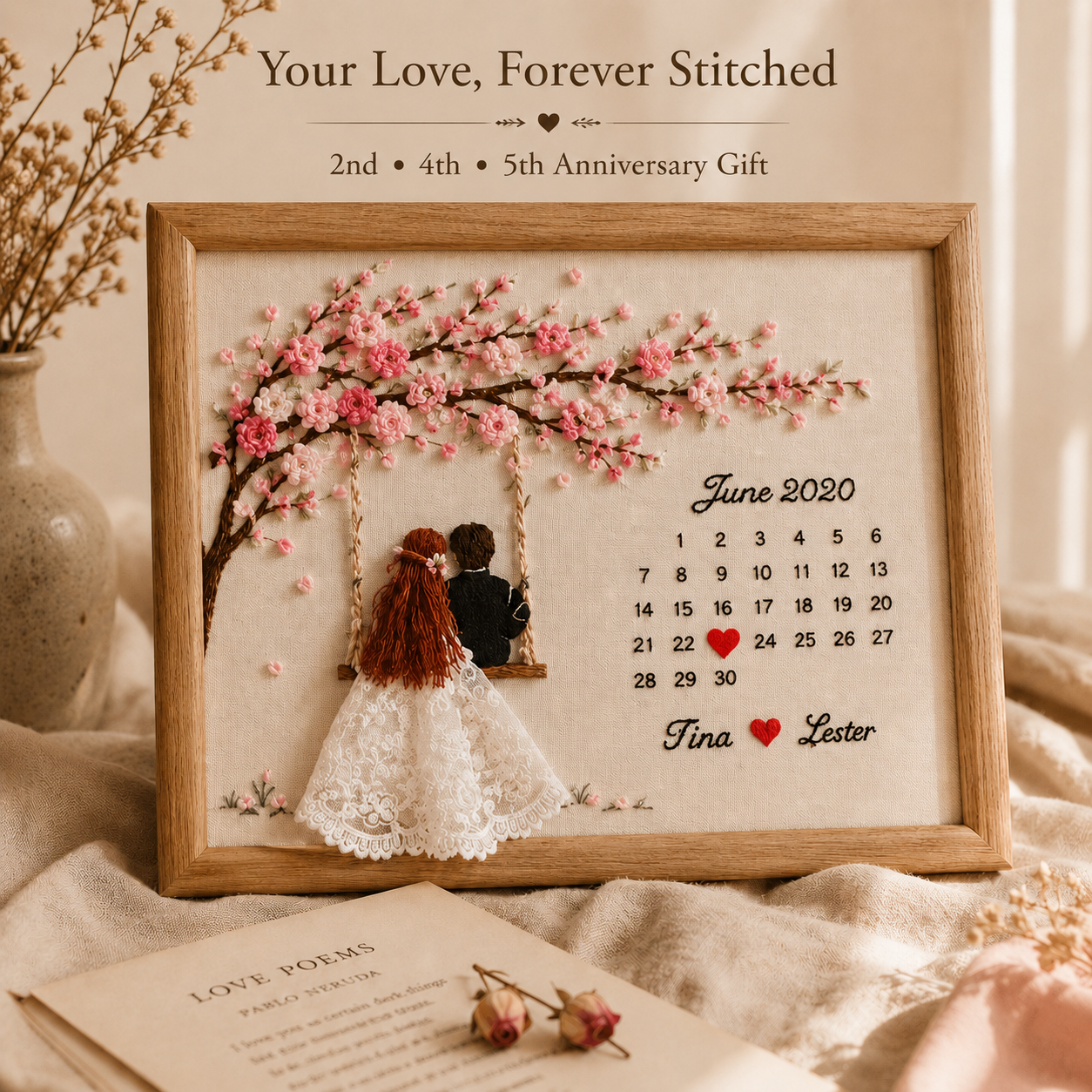 Personalized Embroidered Cherry Blossom Anniversary Frame – Custom Couple Calendar Keepsake, displayed in a warm home...