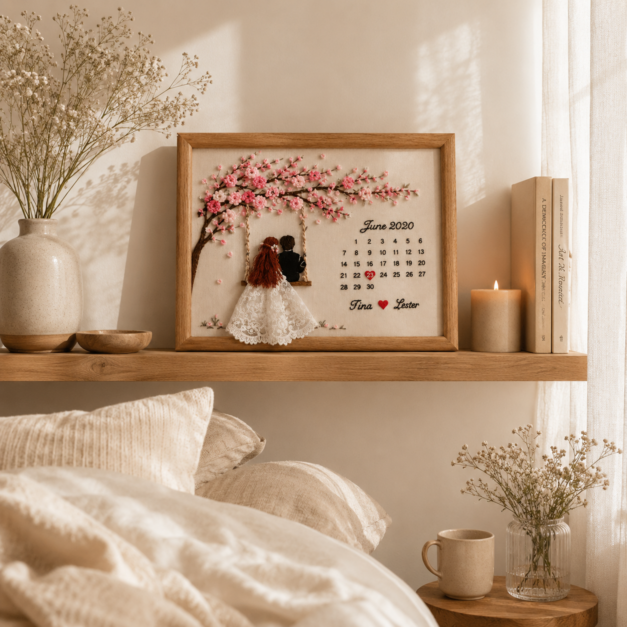 Personalized Embroidered Cherry Blossom Anniversary Frame – Custom Couple Calendar Keepsake, shown as wall decor in a...