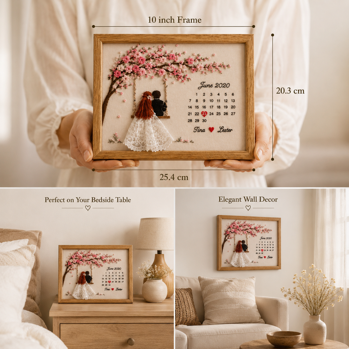 Personalized Embroidered Cherry Blossom Anniversary Frame – Custom Couple Calendar Keepsake, size or variant comparison...