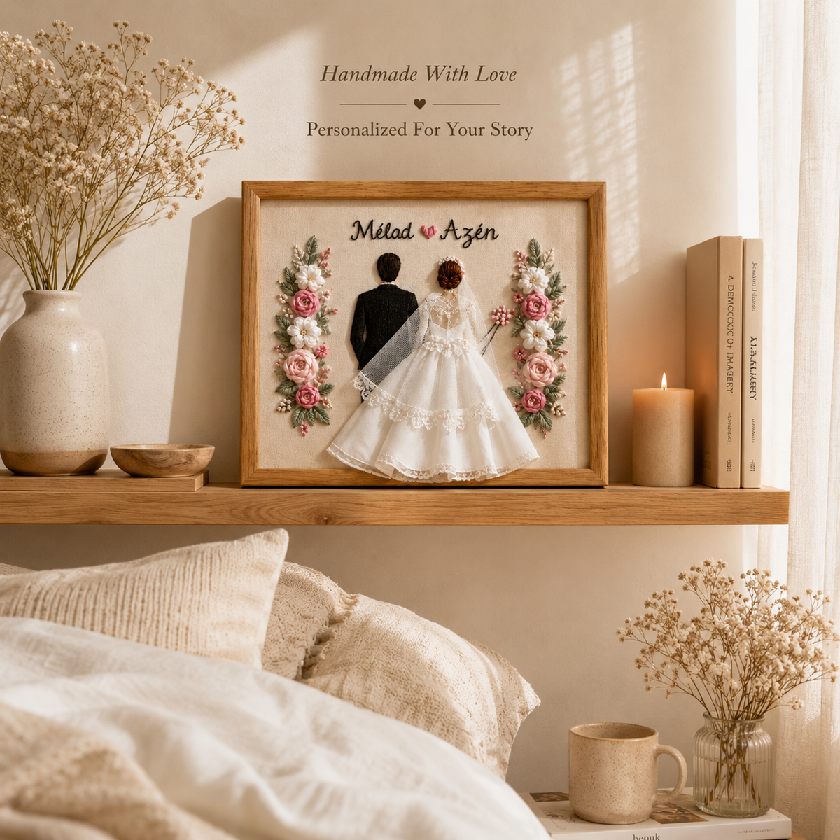 Personalized Embroidered Wedding Couple Frame – Handmade Floral Keepsake, displayed in a warm home interior