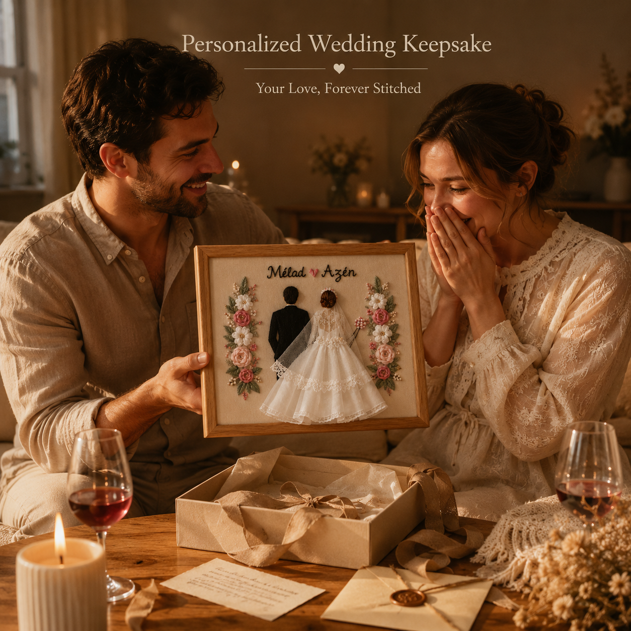 Personalized Embroidered Wedding Couple Frame – Handmade Floral Keepsake, lifestyle scene showing everyday use