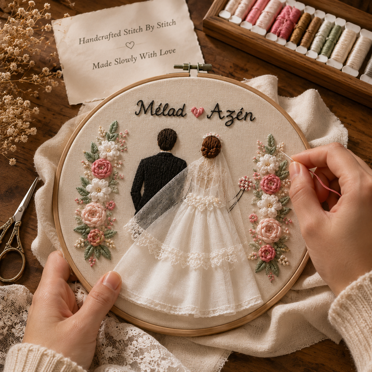 Personalized Embroidered Wedding Couple Frame – Handmade Floral Keepsake, artisan working on the piece by hand