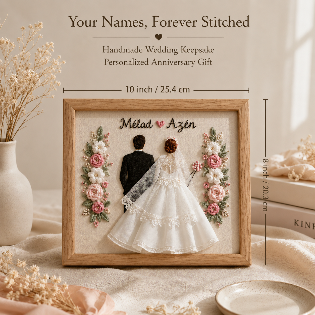 Personalized Embroidered Wedding Couple Frame – Handmade Floral Keepsake, size and dimensions infographic