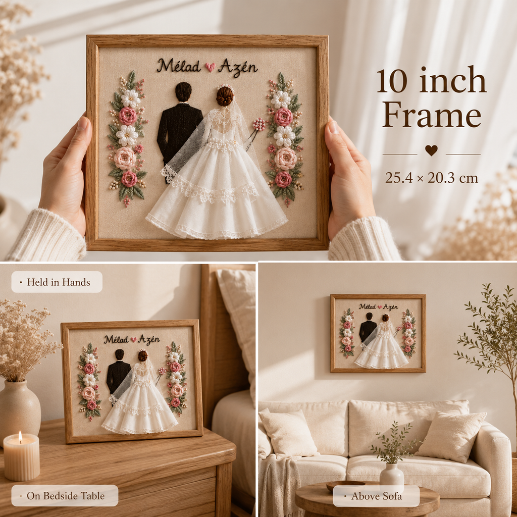 Personalized Embroidered Wedding Couple Frame – Handmade Floral Keepsake, size or variant comparison infographic