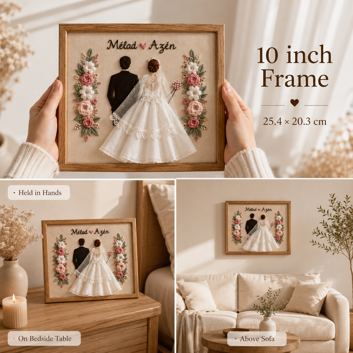 Personalized Embroidered Wedding Couple Frame – Handmade Floral Keepsake, size or variant comparison infographic