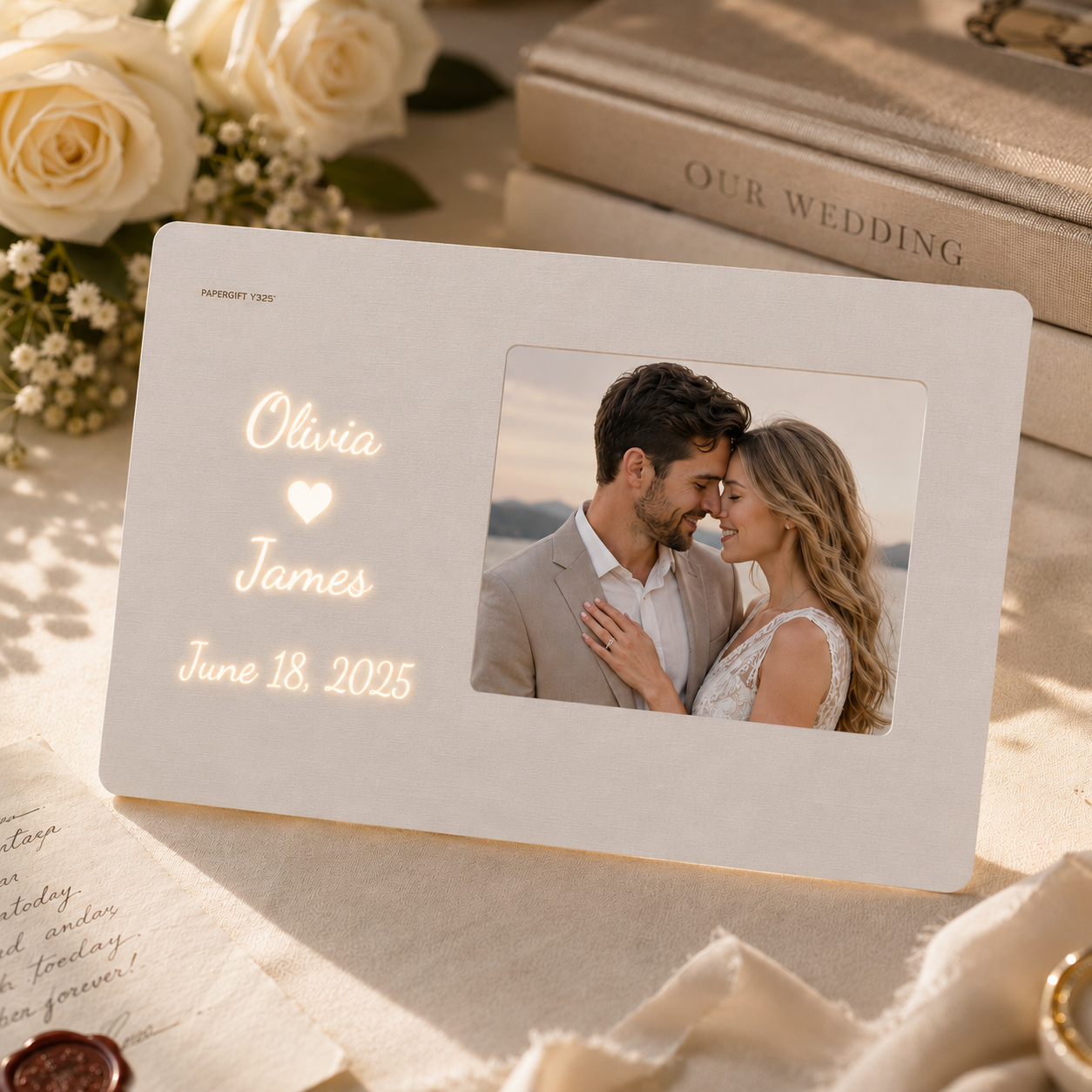 Personalized hidden message film card LED light frame in matte white freestanding on cream linen surface beside white