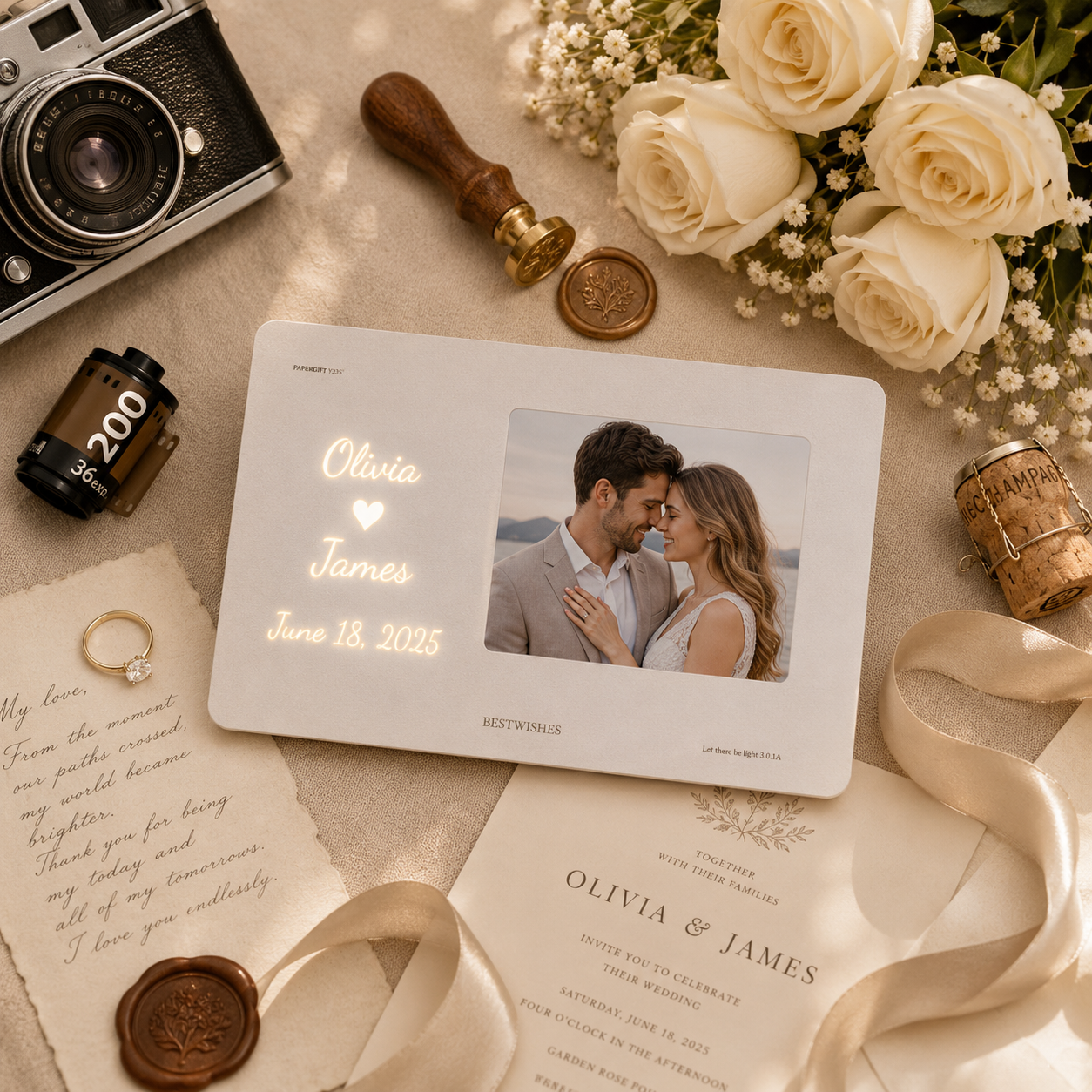 Personalized hidden message film card LED light frame in matte white displayed on cream linen beside white roses baby