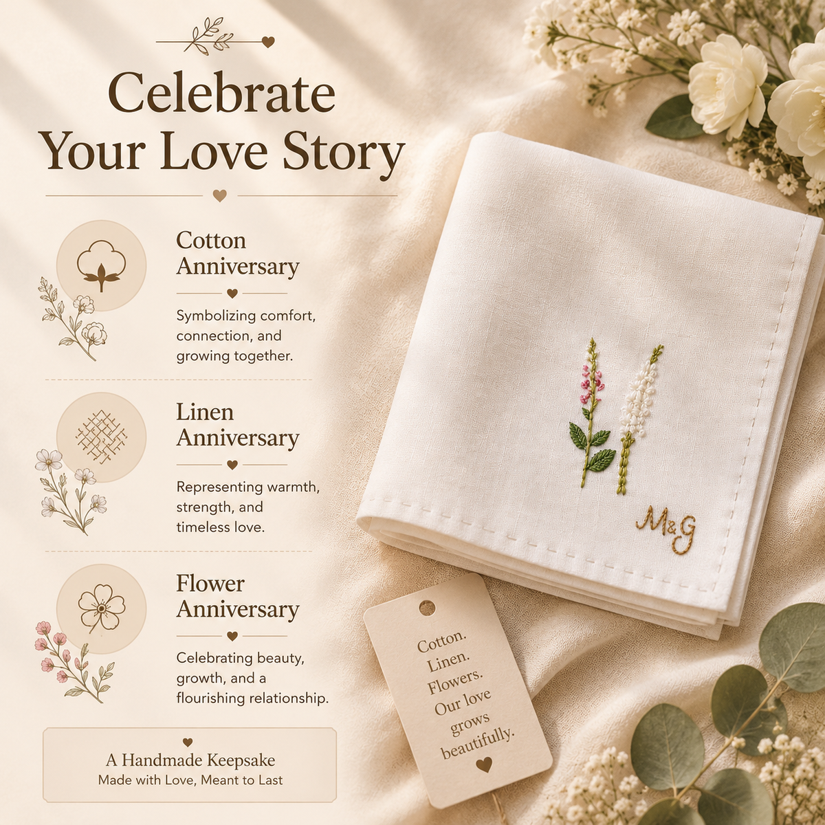 Personalized Floral Embroidered Handkerchief, close-up detail