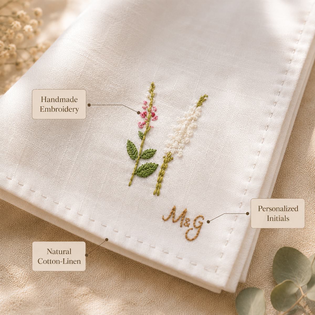 Personalized Floral Embroidered Handkerchief, size and feature guide