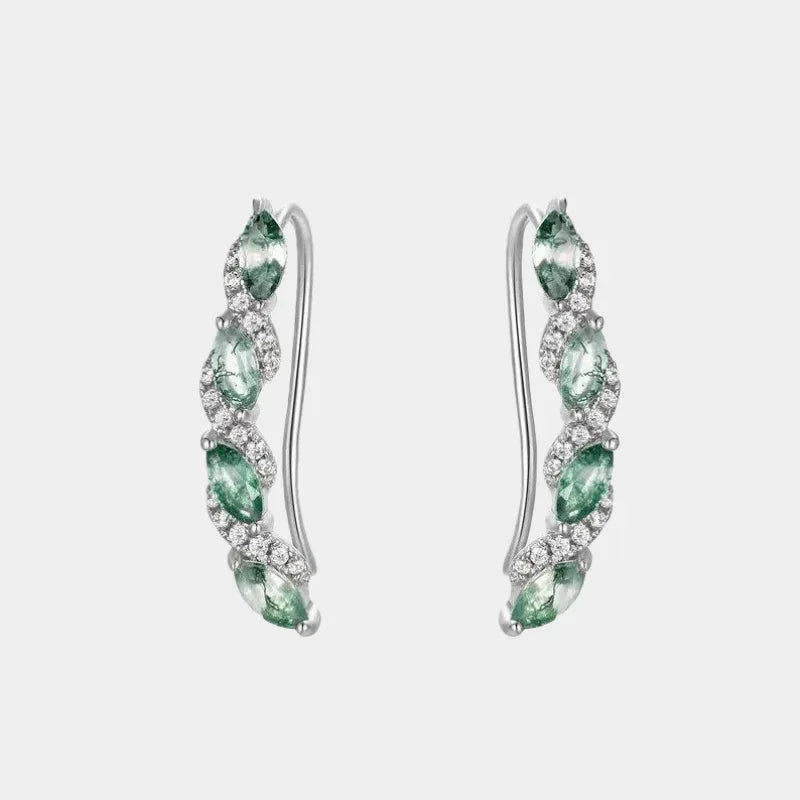 Moss Agate Leaf Ear Climber Earrings — paired front view on white background