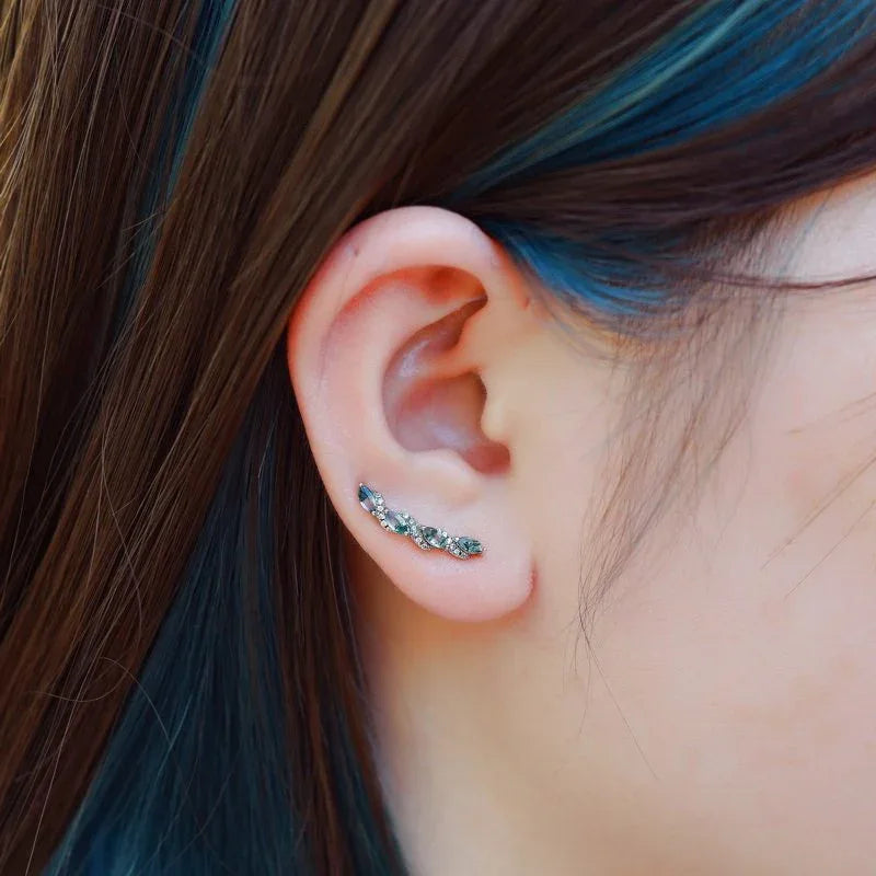 Moss Agate Leaf Ear Climber Earrings — ear-worn view following the earlobe