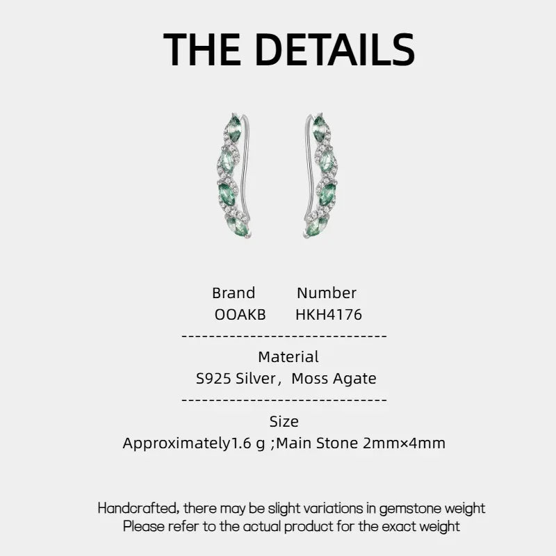 Moss Agate Leaf Ear Climber Earrings — product specification card