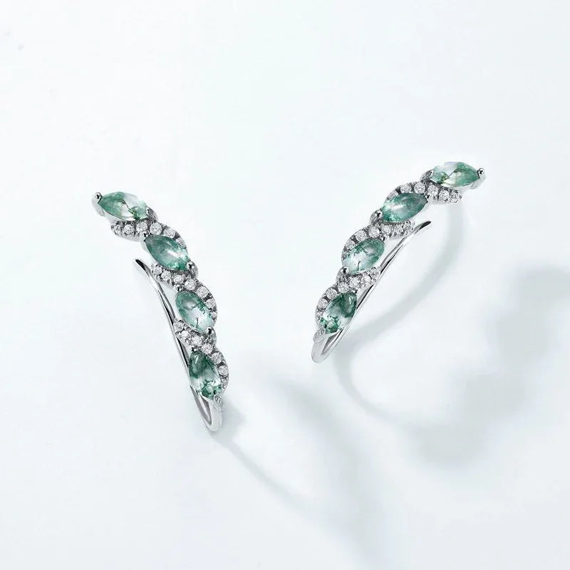 Moss Agate Leaf Ear Climber Earrings — paired angled product view