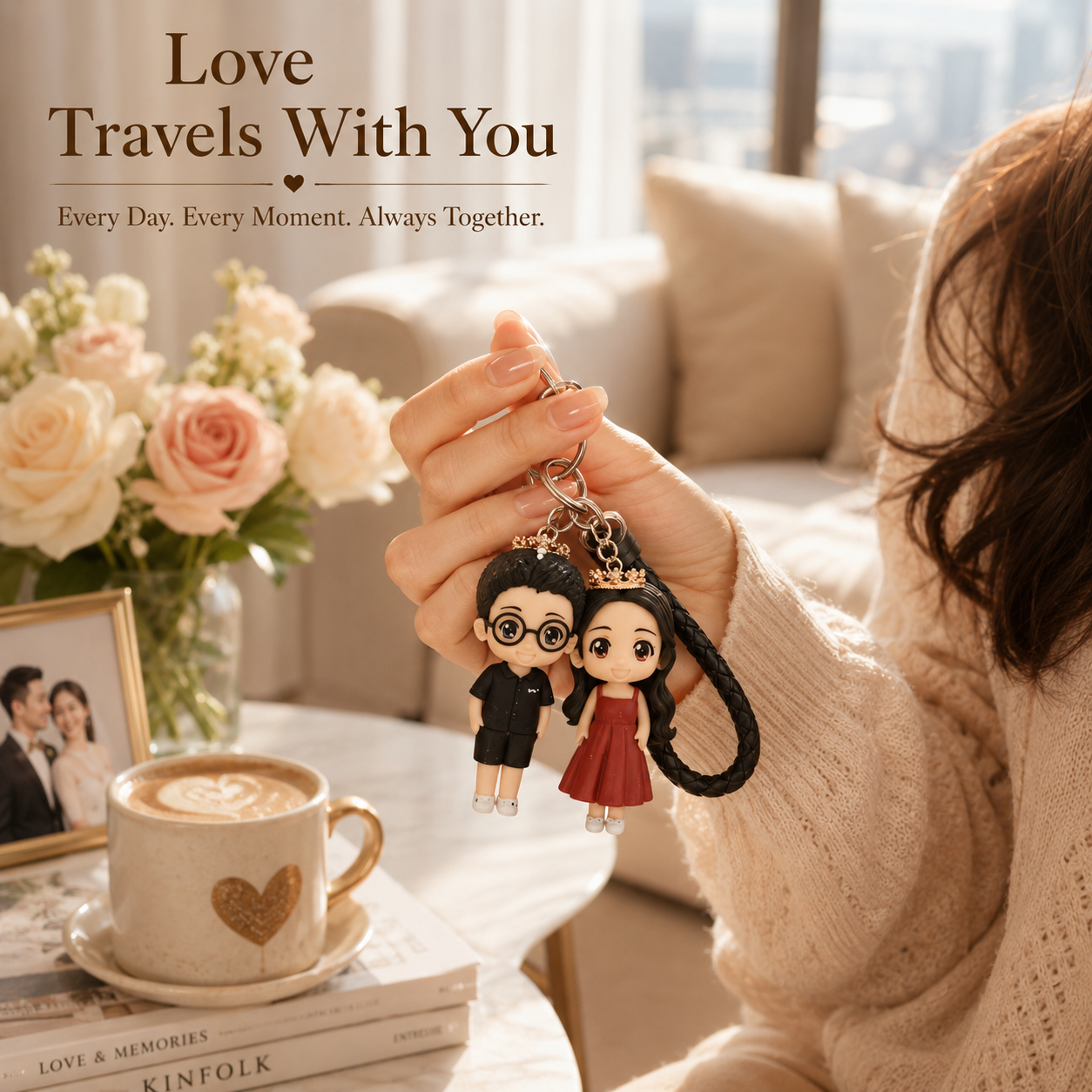 Personalized Handmade Clay Couple Keychain, styled product view