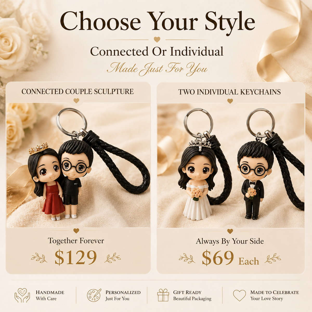 Personalized Handmade Clay Couple Keychain, size and feature guide