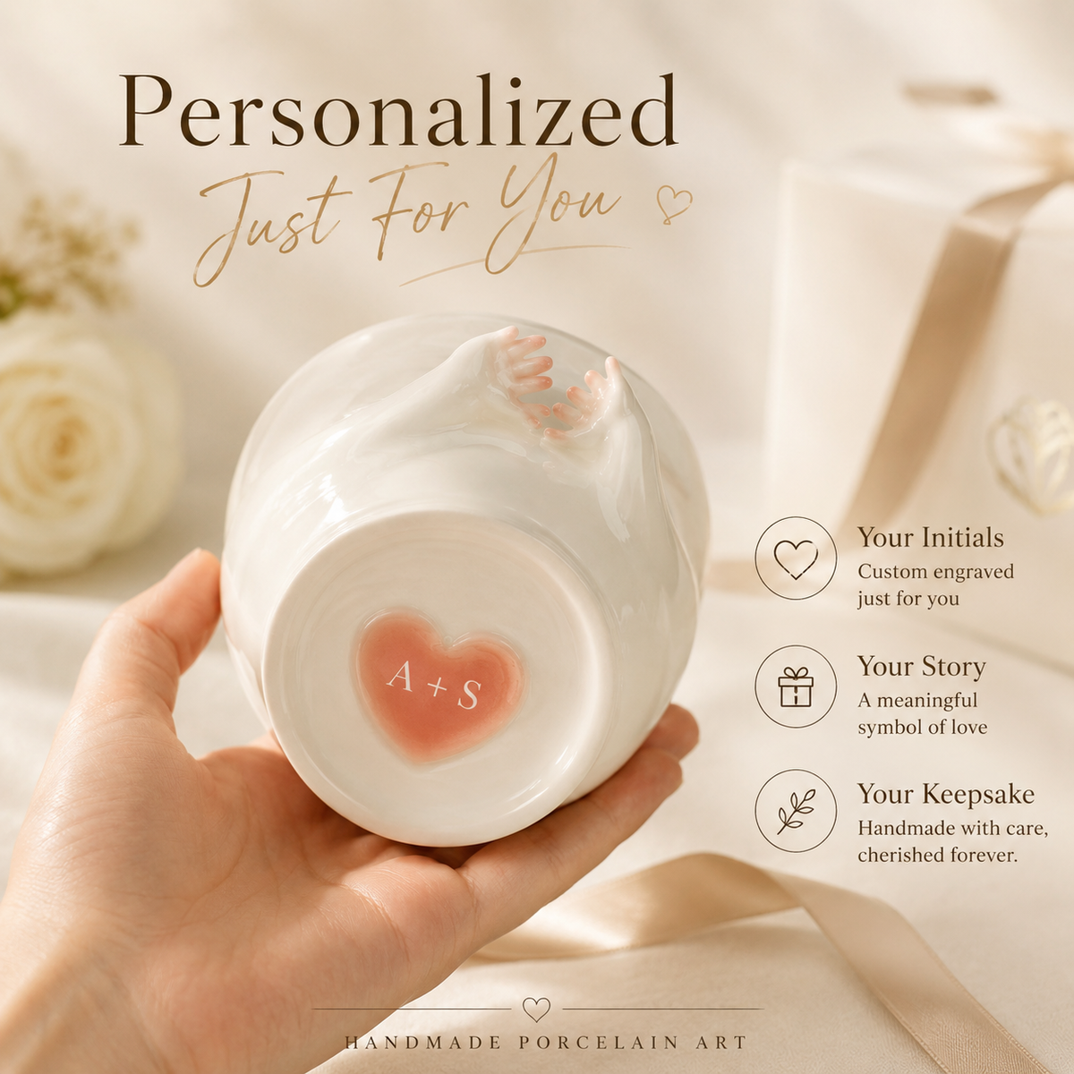 Personalized Heart Hands Porcelain Cup, size and feature guide