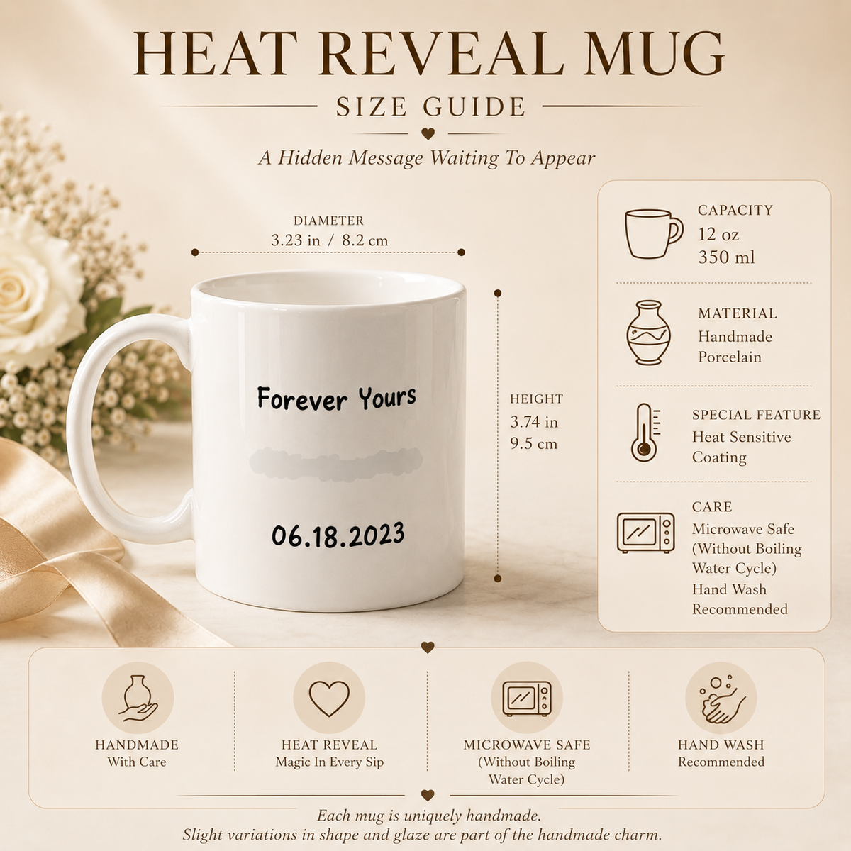 Personalized Heat Reveal Porcelain Mug, size and feature guide