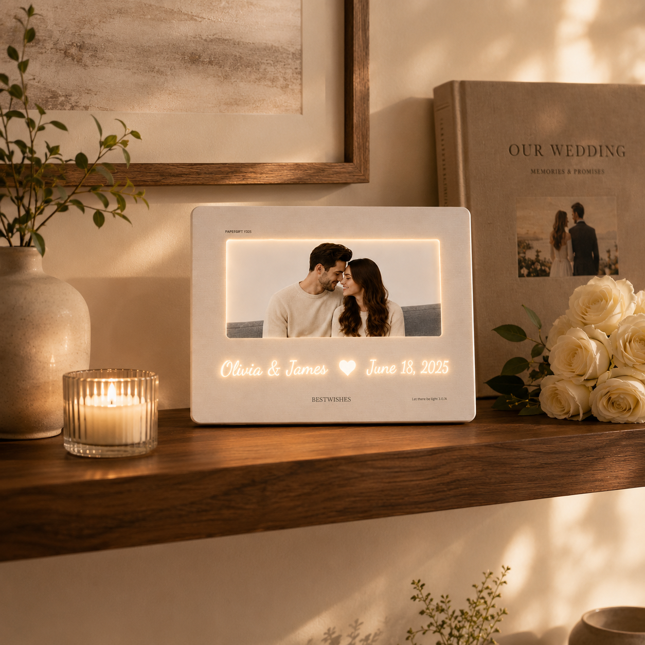 Personalized hidden message film card LED light frame in matte white displayed on a walnut shelf beside white ceramic