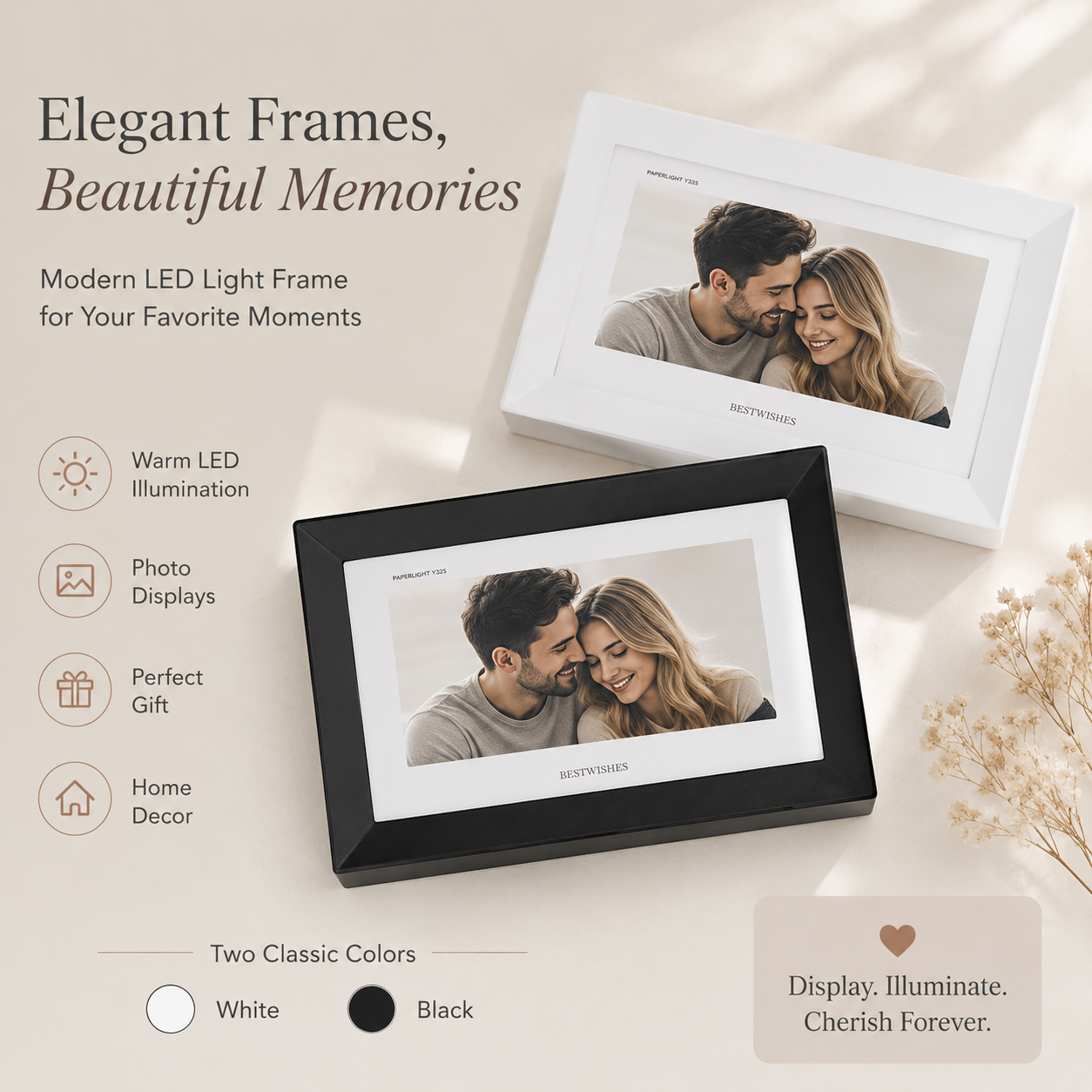 Personalized hidden message film card LED light frame in matte white and matte black showing couple photo with warm LED