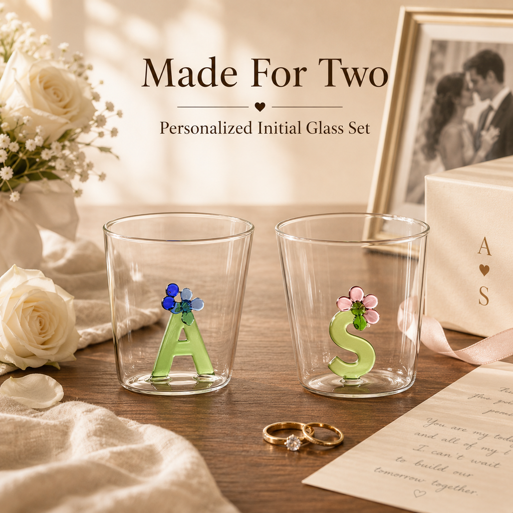 Personalized Initial Glass Couple Set – Handcrafted Flower Letter Inside, styled product scene with anniversary-themed props