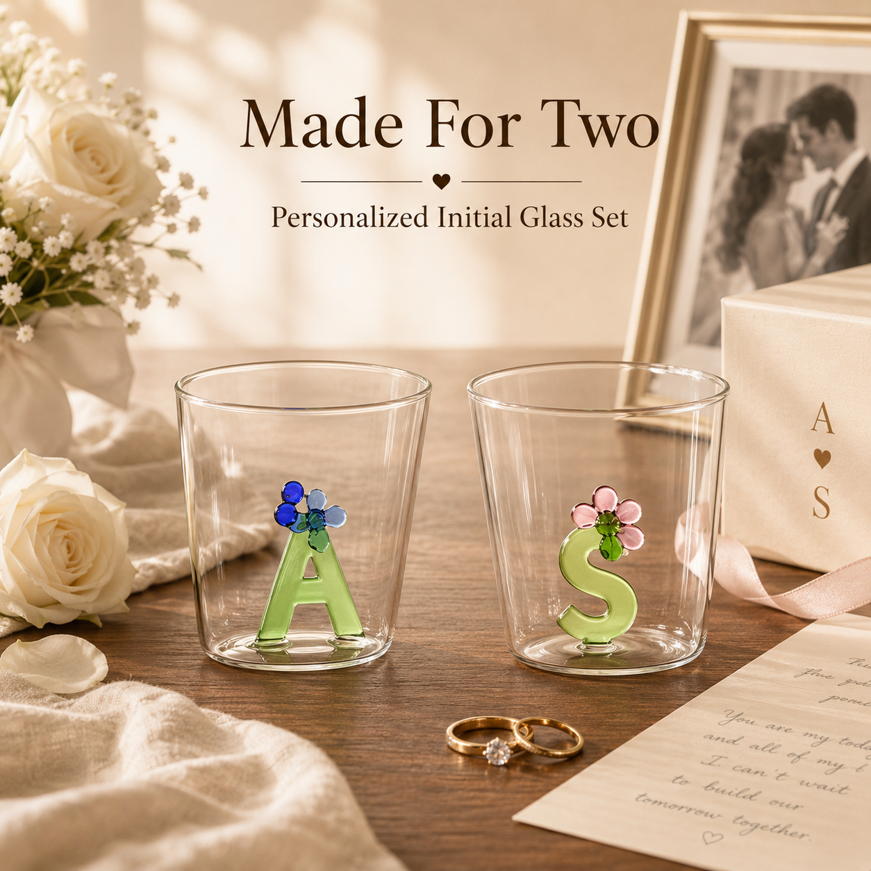 Personalized Initial Glass Couple Set – Handcrafted Flower Letter Inside, styled product scene with anniversary-themed props