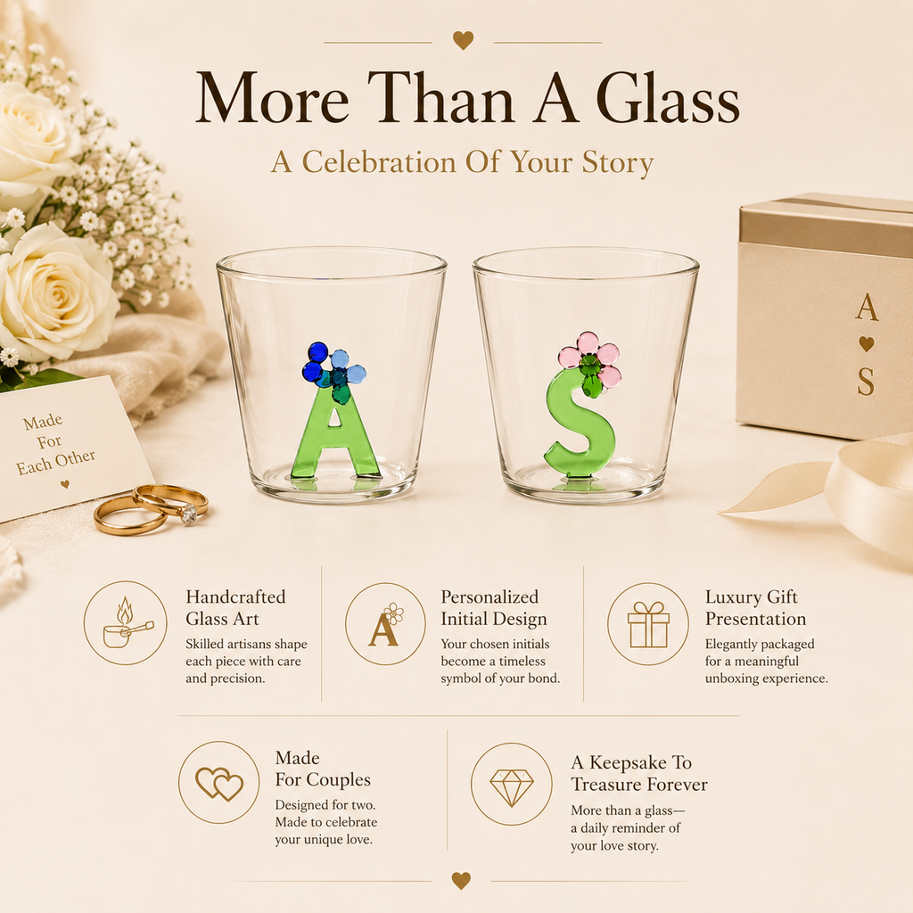 Personalized Initial Glass Couple Set – Handcrafted Flower Letter Inside, detail infographic showing materials and...
