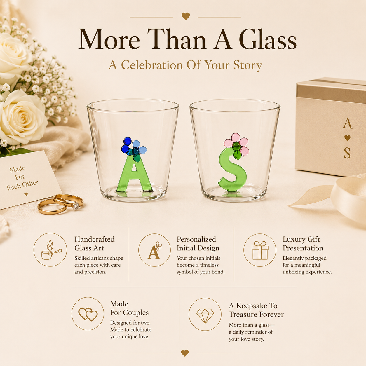 Personalized Initial Glass Couple Set – Handcrafted Flower Letter Inside, detail infographic showing materials and...