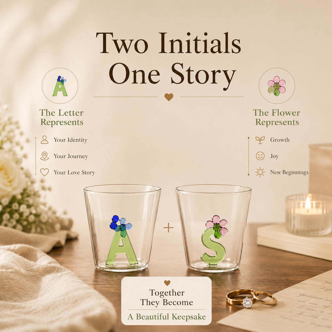 Personalized Initial Glass Couple Set – Handcrafted Flower Letter Inside, detail infographic showing materials and...
