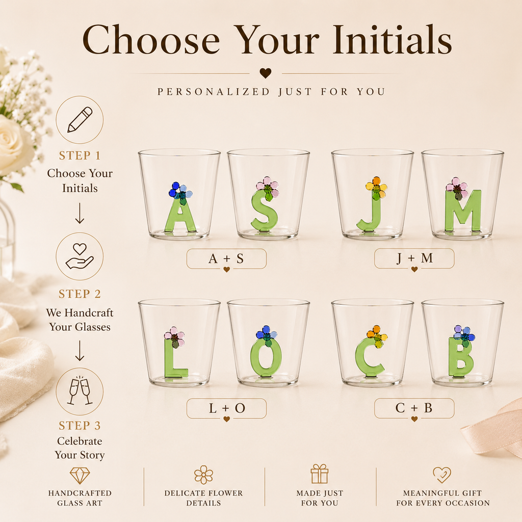 Personalized Initial Glass Couple Set – Handcrafted Flower Letter Inside, available color or style options