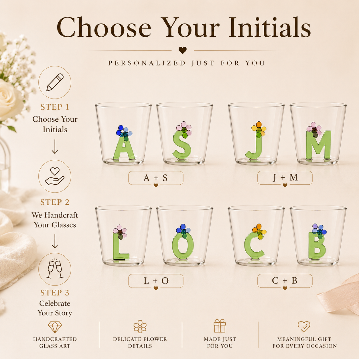 Personalized Initial Glass Couple Set – Handcrafted Flower Letter Inside, available color or style options