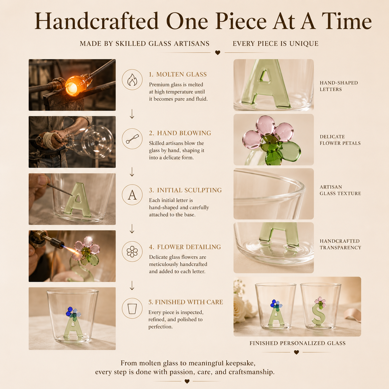 Personalized Initial Glass Couple Set – Handcrafted Flower Letter Inside, artisan working on the piece by hand