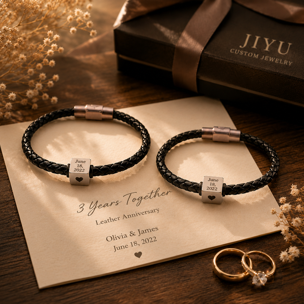 Personalized Leather Anniversary Couple Bracelet Set, product overview