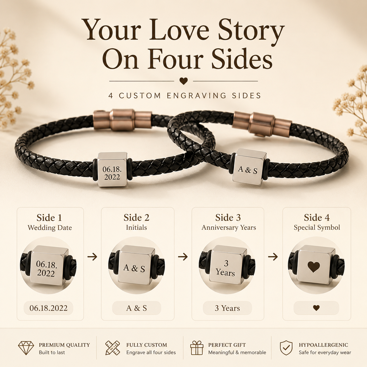 Personalized Leather Anniversary Couple Bracelet Set, styled product view