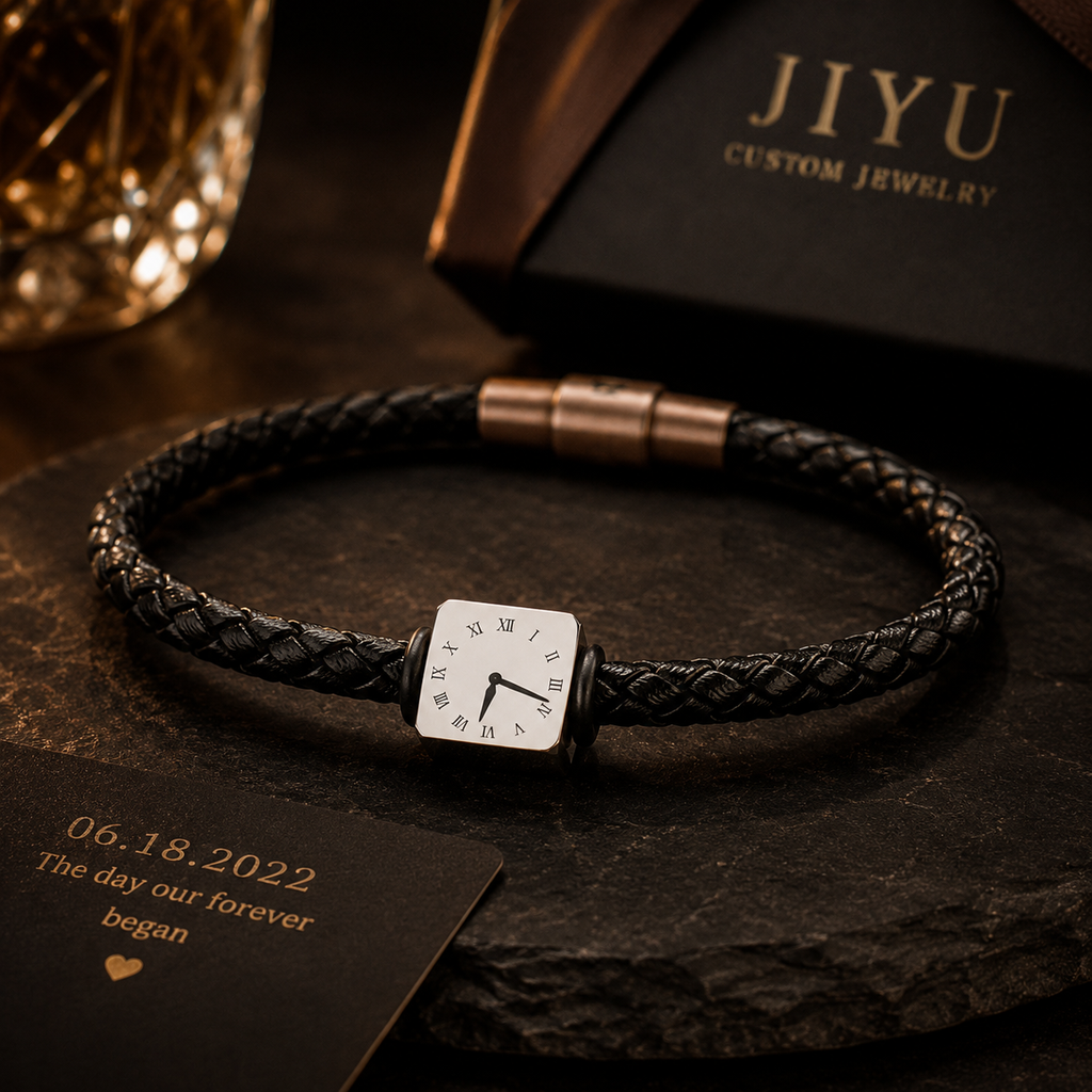 Personalized Leather Anniversary Couple Bracelet Set, close-up detail