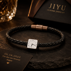 Personalized Leather Anniversary Couple Bracelet Set, close-up detail