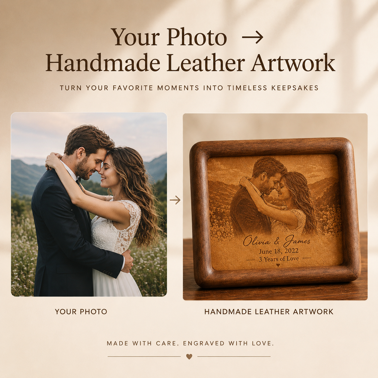 Personalized Leather Anniversary Keepsake Frame, styled product view