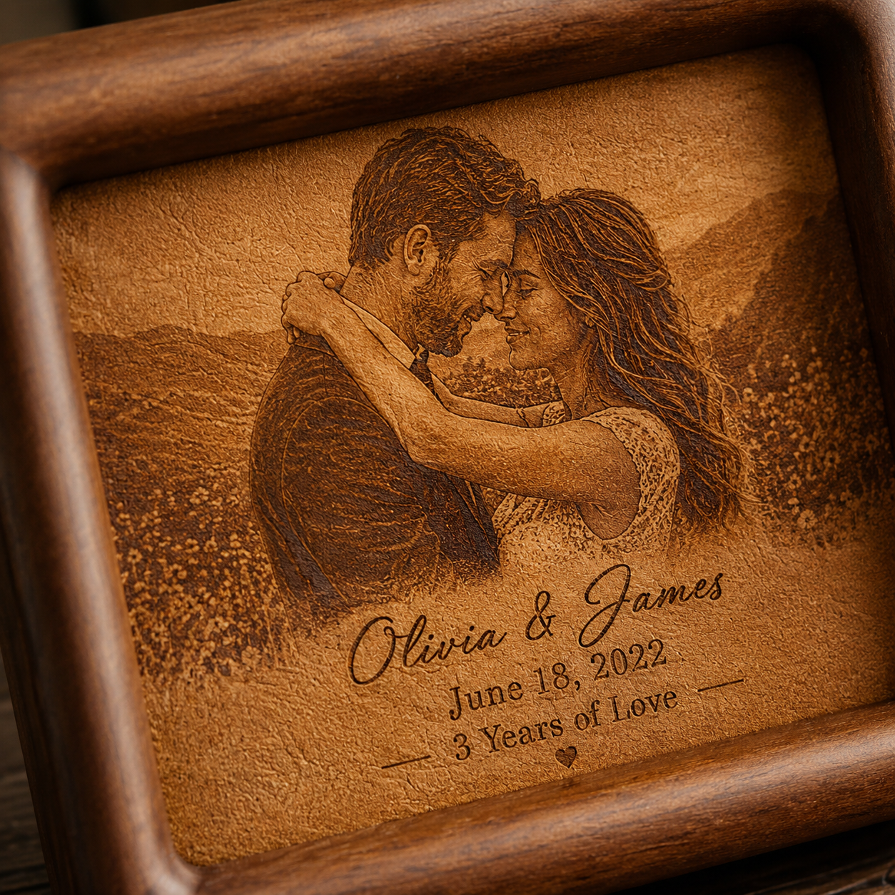 Personalized Leather Anniversary Keepsake Frame, close-up detail