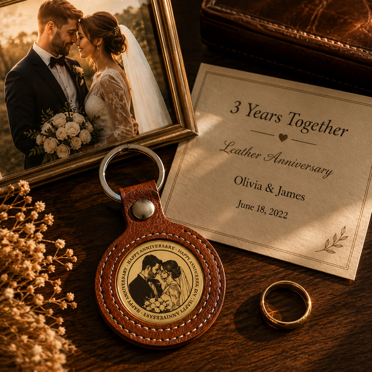 Personalized Leather Anniversary Keychain Set, product overview