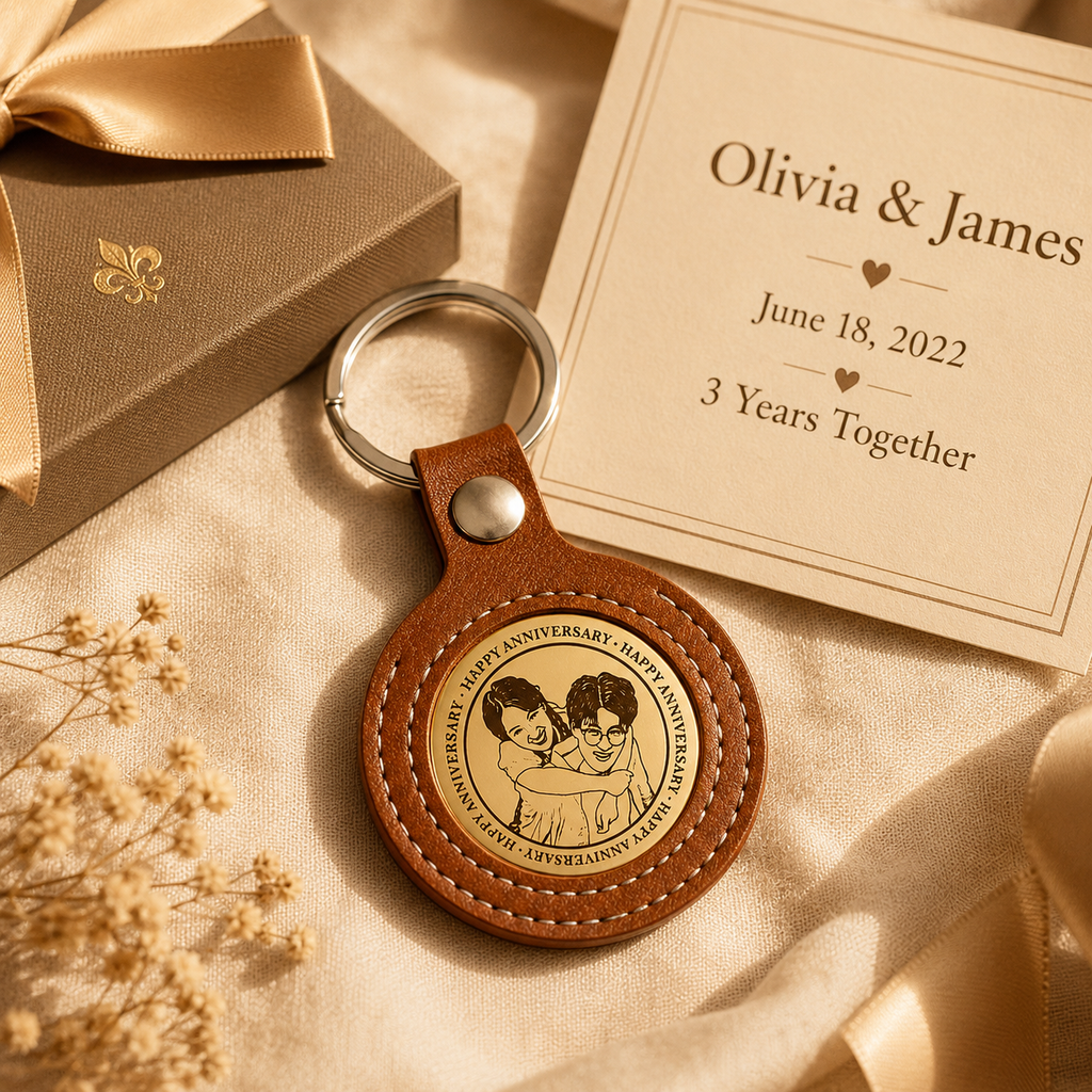 Personalized Leather Anniversary Keychain Set, close-up detail