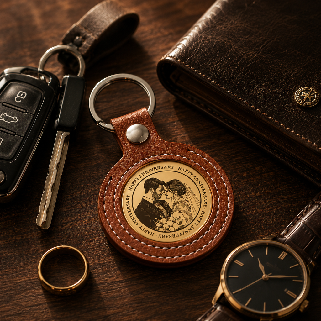 Personalized Leather Anniversary Keychain Set, size and feature guide