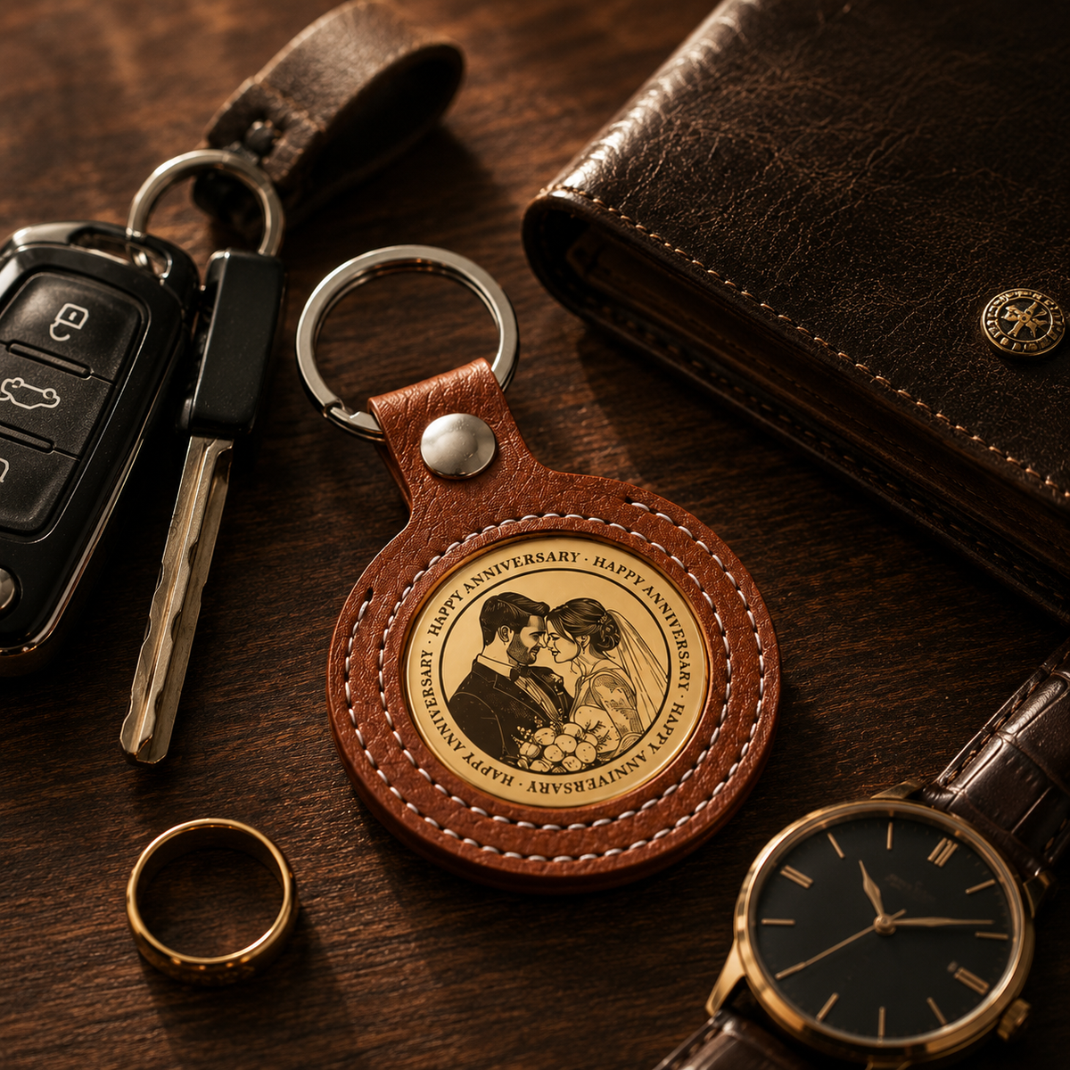 Personalized Leather Anniversary Keychain Set, size and feature guide