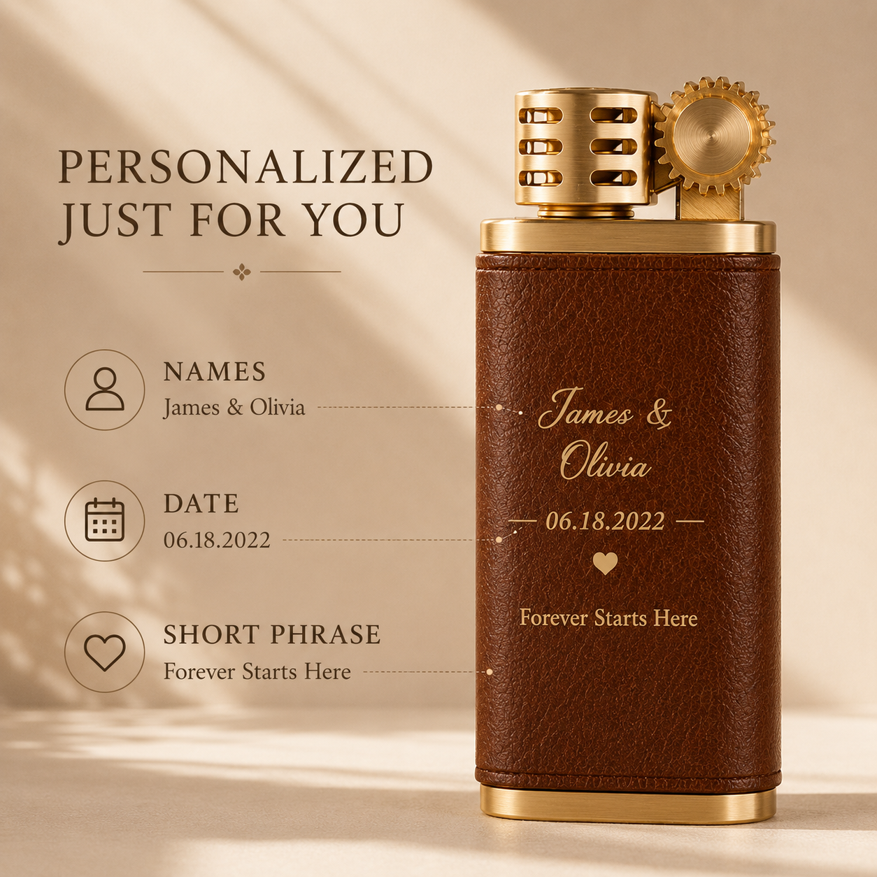Personalized Leather Anniversary Lighter, styled product view