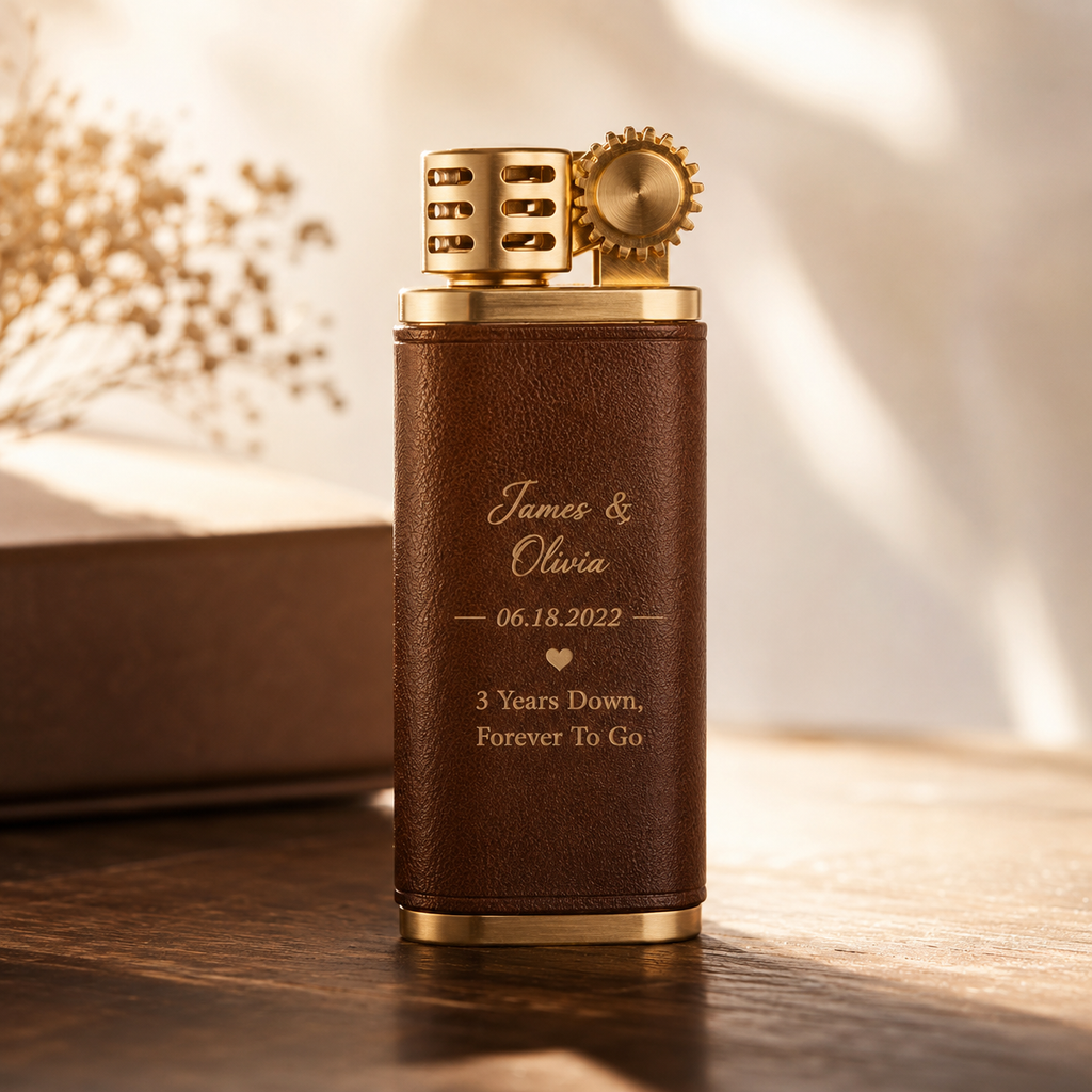 Personalized Leather Anniversary Lighter, close-up detail