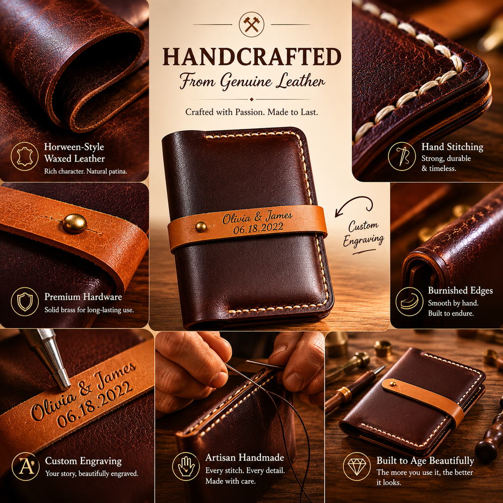 Personalized Leather Anniversary Wallet, close-up detail