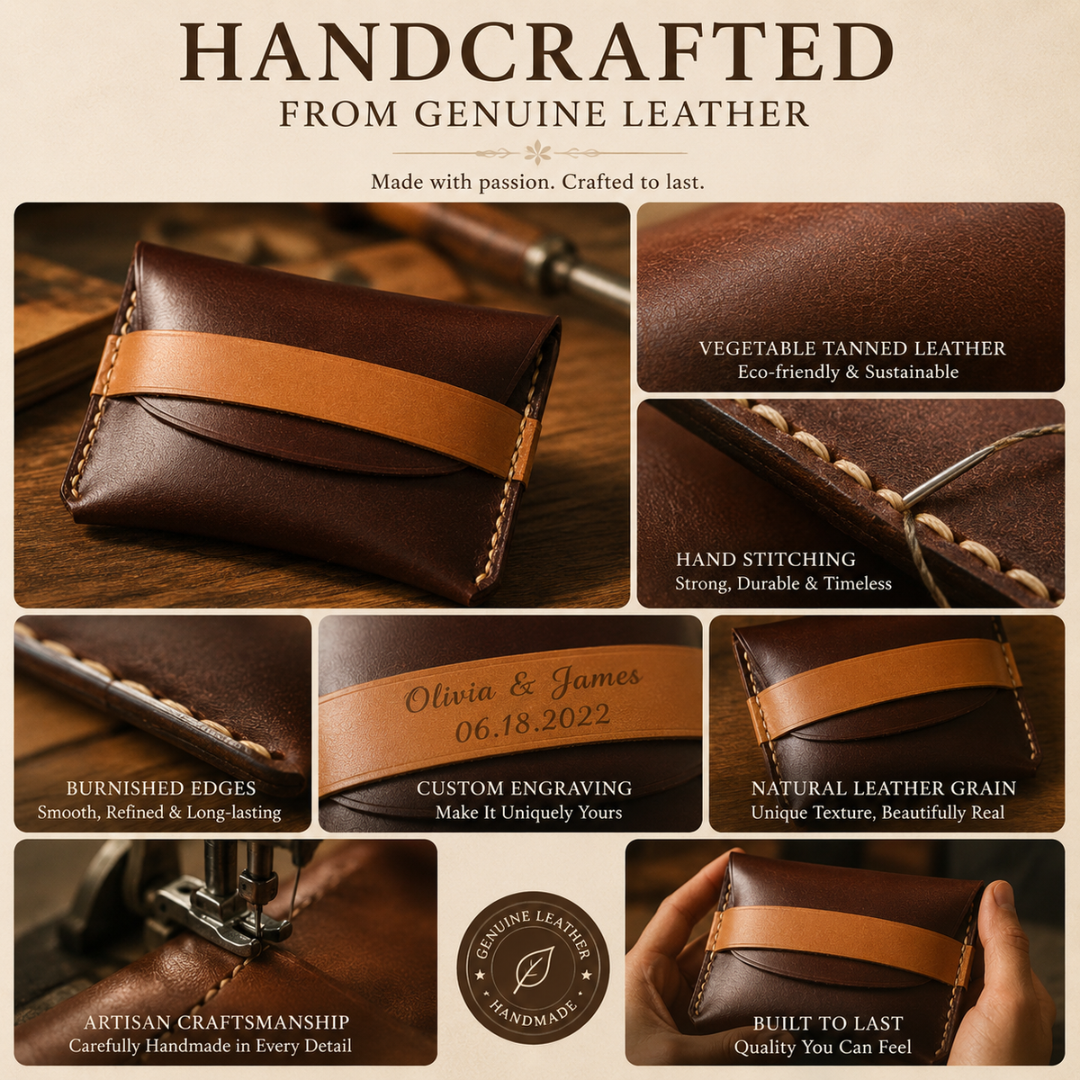 Personalized Leather Card Holder, size and feature guide