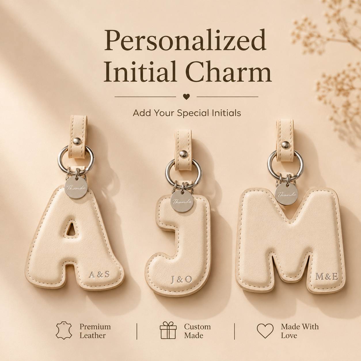 Personalized Leather Initial Charm Set, close-up detail