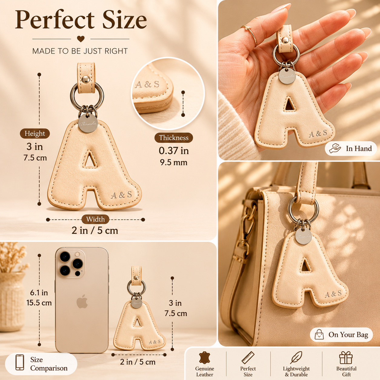 Personalized Leather Initial Charm Set, size and feature guide